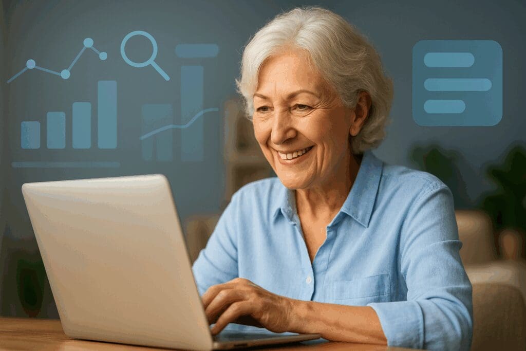 Senior woman confidently researching online health plans on a laptop, exploring the question do I really need supplemental insurance with Medicare.