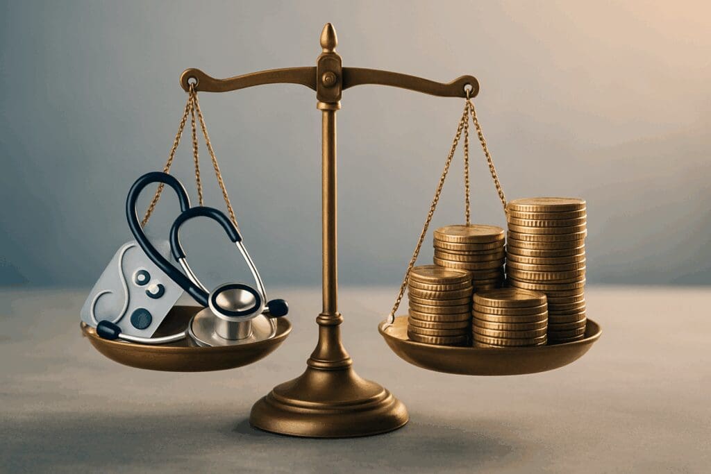 Balancing scales weighing healthcare items against coins, symbolizing the question do I really need supplemental insurance with Medicare.