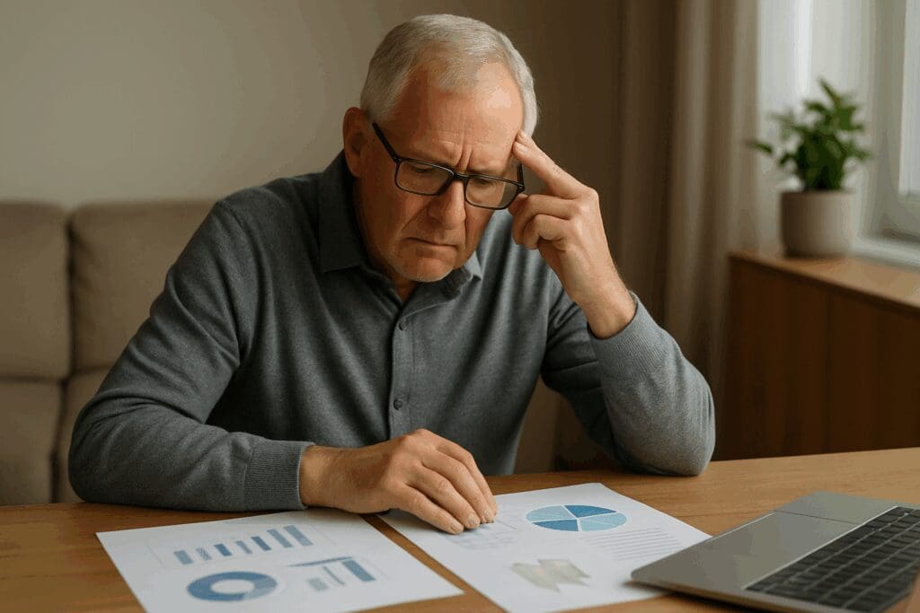 Senior man thoughtfully reviewing healthcare charts and documents at a table, considering do I really need supplemental insurance with Medicare.