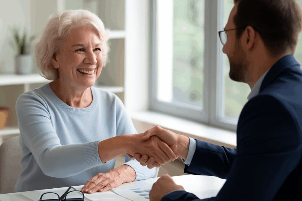 Smiling senior woman shaking hands with advisor in a bright office, discussing the question do I really need supplemental insurance with Medicare.