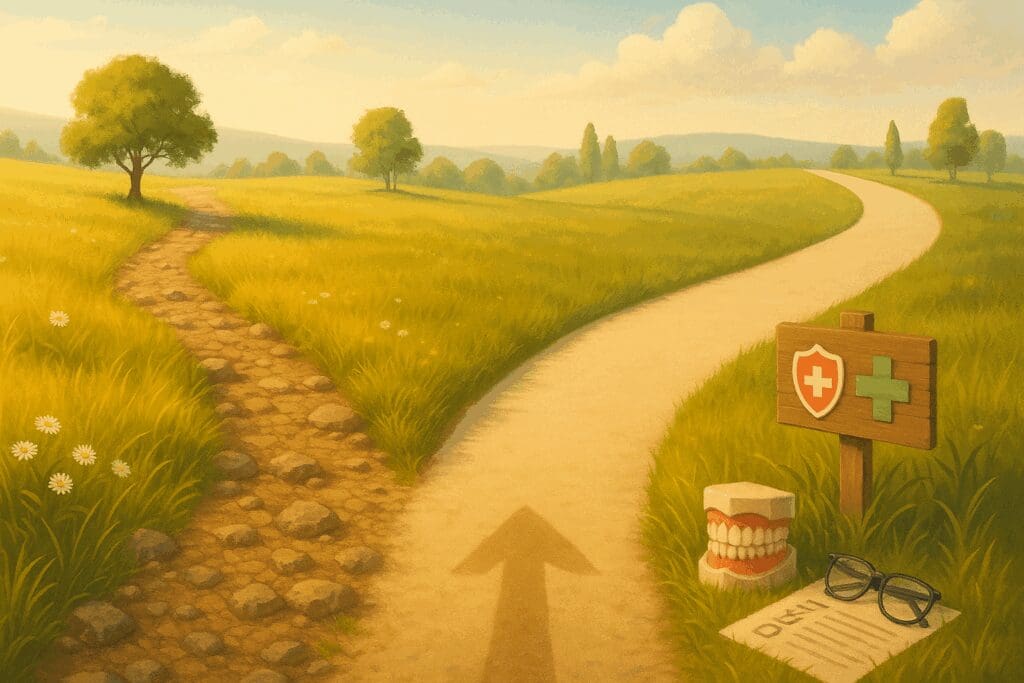 Two diverging paths symbolizing healthcare choices, illustrating the question do i really need supplemental insurance with medicare.