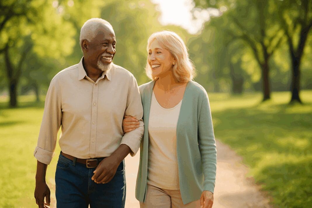 Senior couple walking together in a sunny park, symbolizing peace of mind while considering do i really need supplemental insurance with medicare.