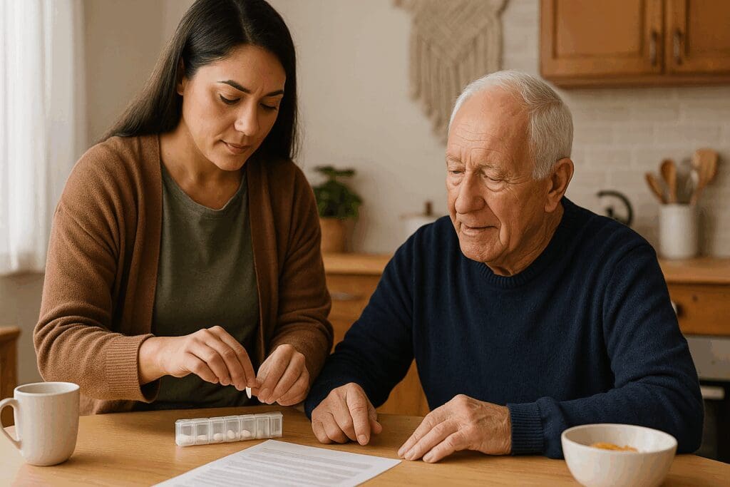 Family caregiver assisting senior man with medication at home, representing real-life scenarios when asking does Medicare pay for family caregivers.