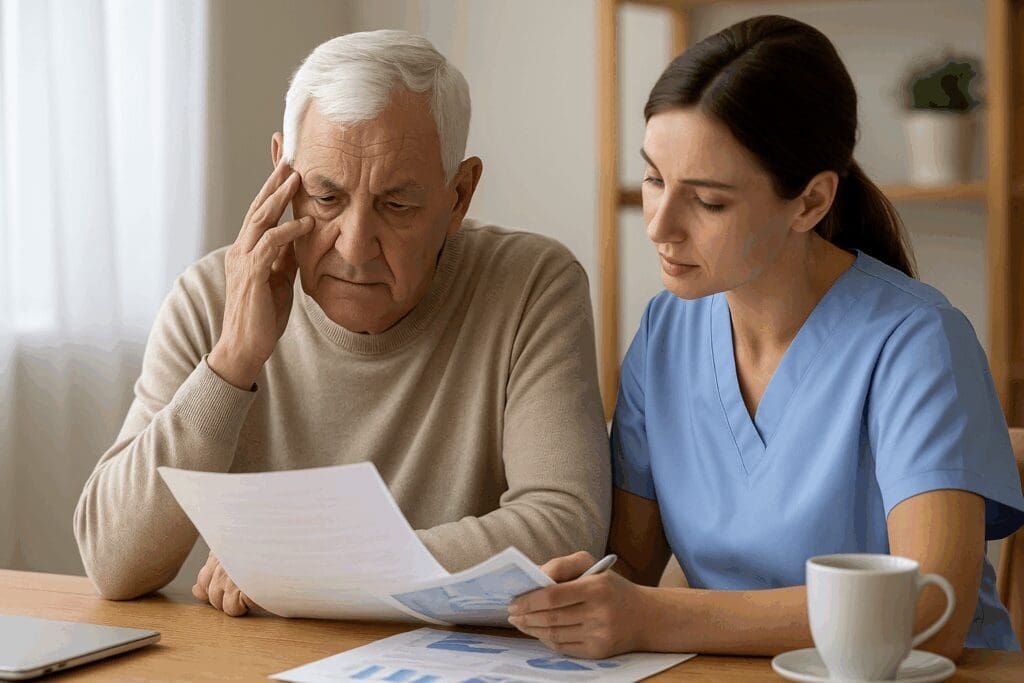 Senior man and caregiver thoughtfully reviewing healthcare documents at home, considering does Medicare pay for family caregivers.