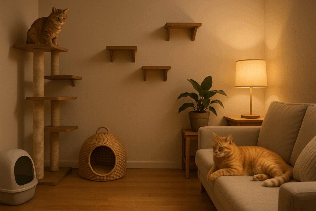 Relaxed cat lounging in a cozy, cat-friendly living room designed to support healthy Cat Behavior