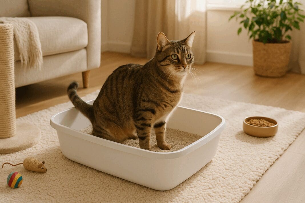 Calm tabby cat confidently using a clean litter box in a cozy sunlit room, illustrating Why do some cats avoid their litter boxes success story.