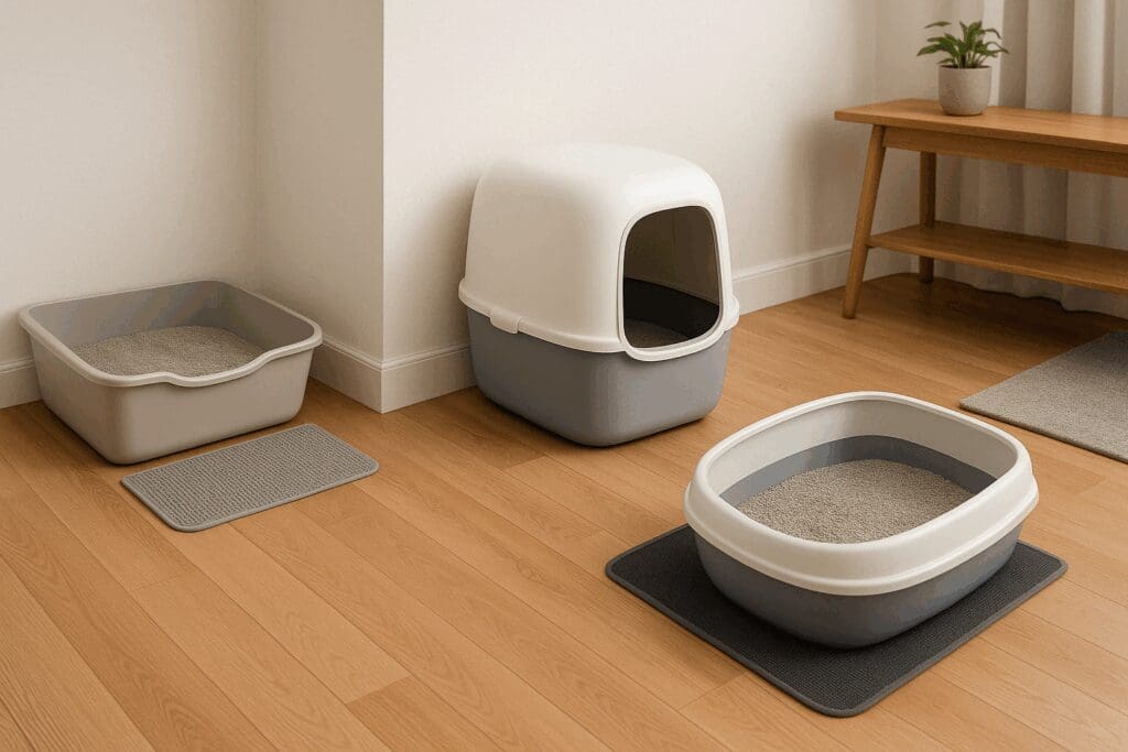 Modern home with three clean litter box setups, illustrating common solutions to the question: Why do some cats avoid their litter boxes.