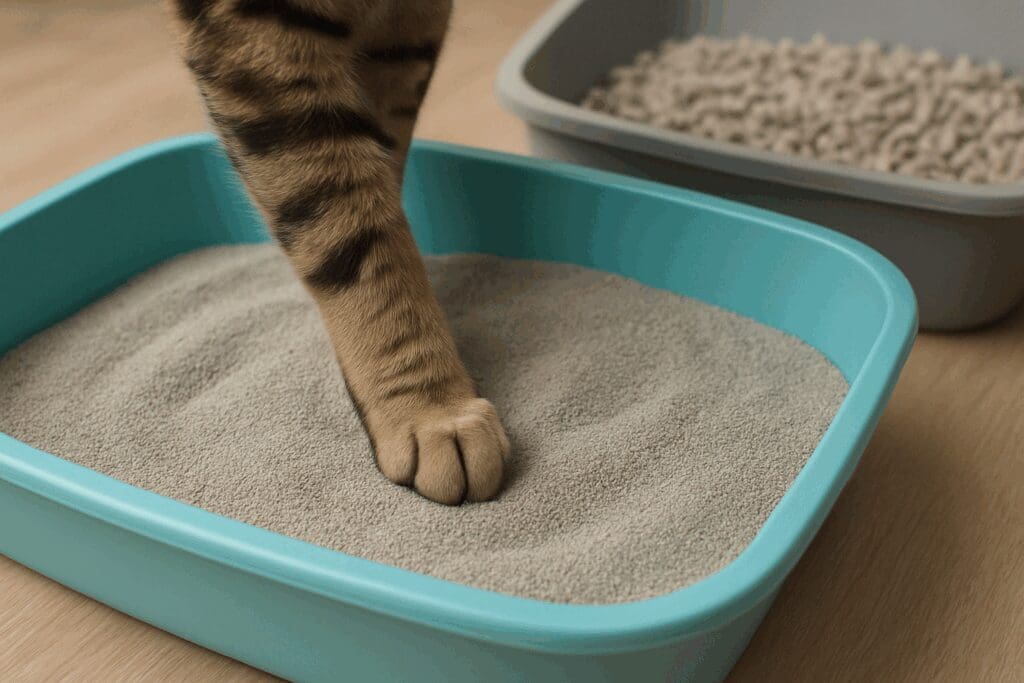 Cat paw touching soft, fine-grained litter in a clean box, highlighting comfort—key to understanding why do some cats avoid their litter boxes.