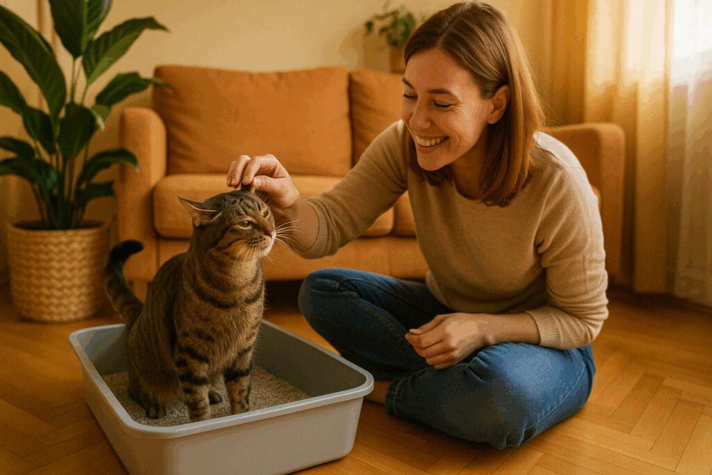 Cat in litter box receiving gentle praise and a treat from owner, illustrating Why do some cats avoid their litter boxes solutions.