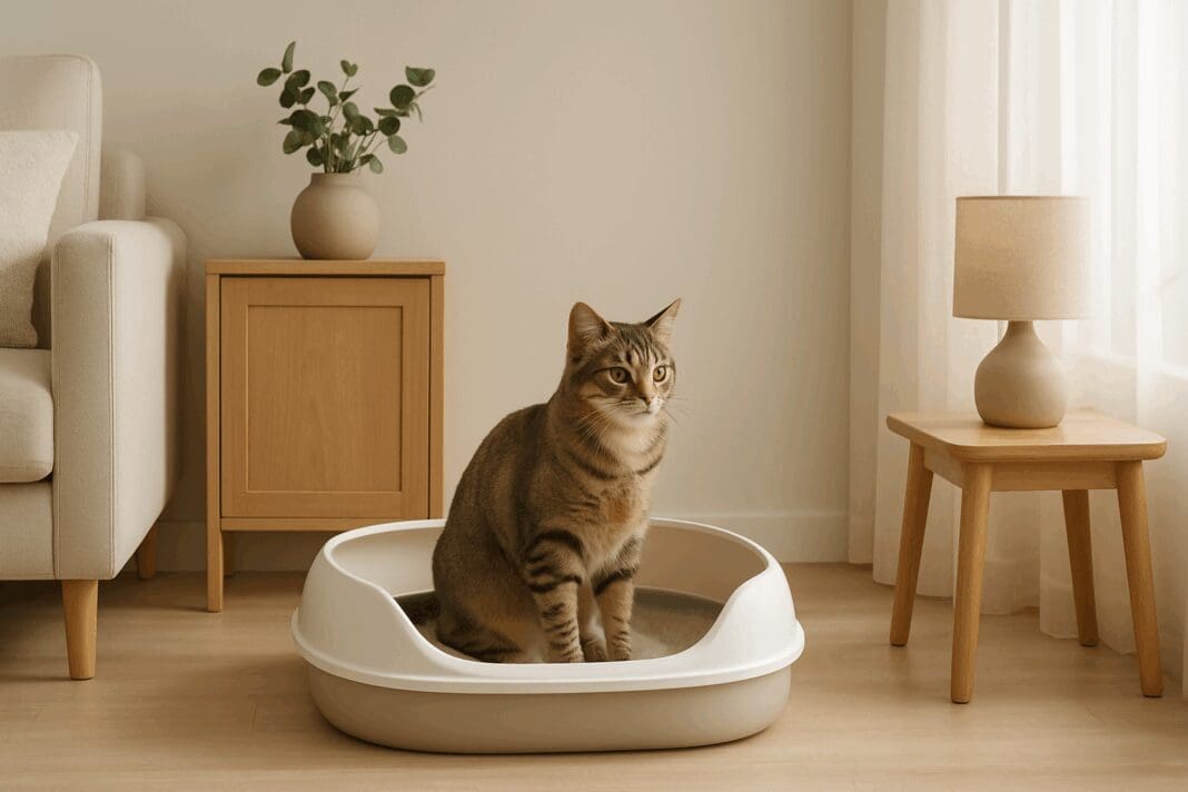 Domestic short-haired cat using a white litter box in a serene, modern living room, illustrating ideal litter box placement in a quiet, tidy space.