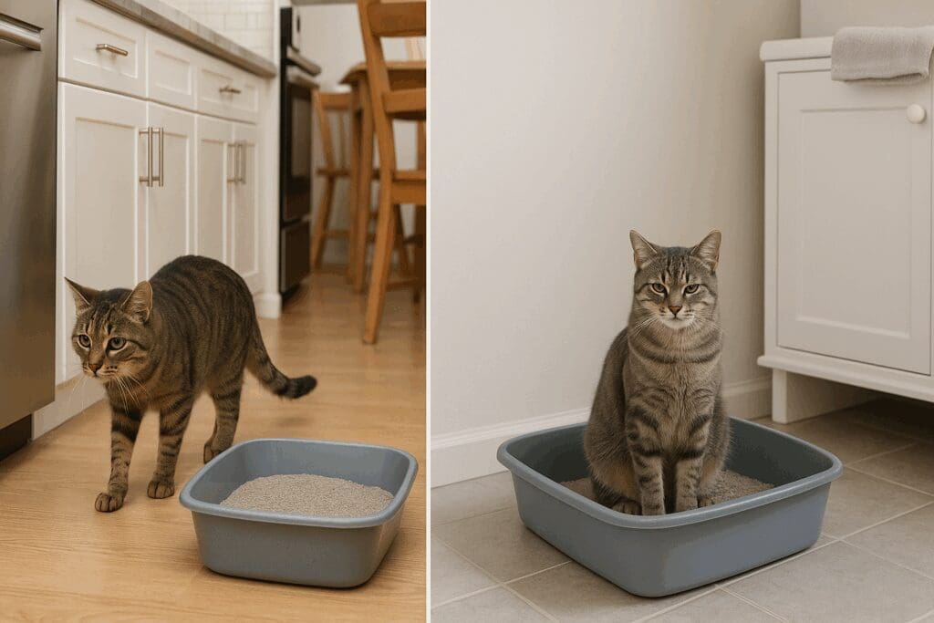 Side-by-side comparison of Litter Box Placement showing a stressed cat near a kitchen litter box and a relaxed cat in a quiet laundry area.