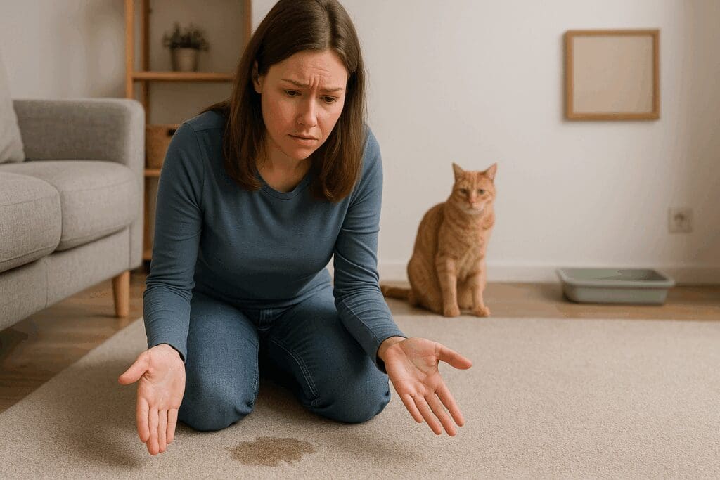 Concerned woman kneeling by a carpet stain with a withdrawn cat nearby, highlighting issues from poor Litter Box Placement.