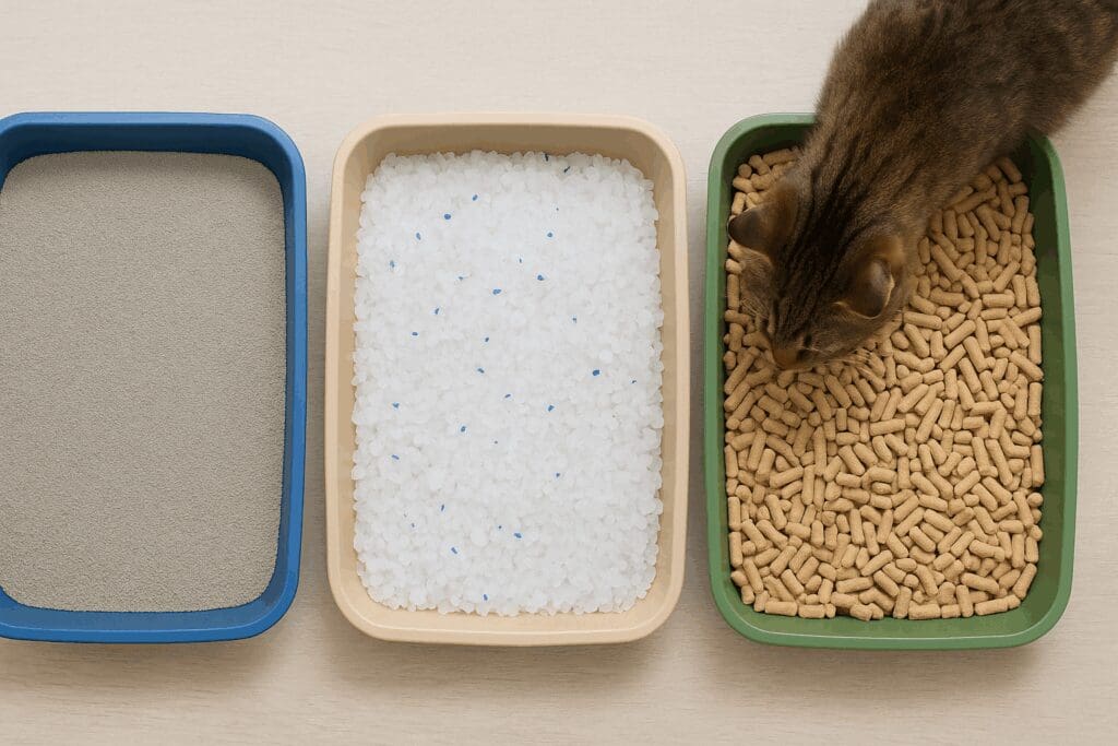 Top-down view of three litter boxes with different litter types and a curious cat sniffing one tray, showing how Litter Box Placement impacts feline preference.
