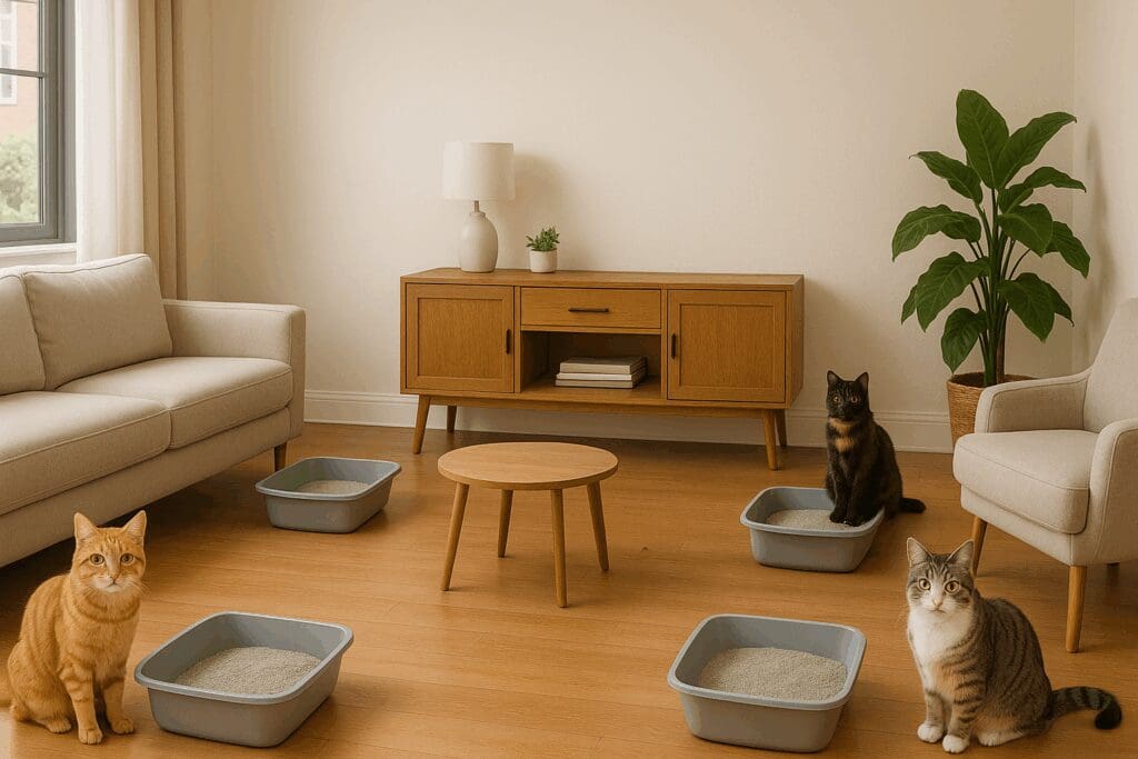 Three cats calmly resting near separate litter boxes in a bright living room, illustrating ideal litter box placement in a multi-cat household.
