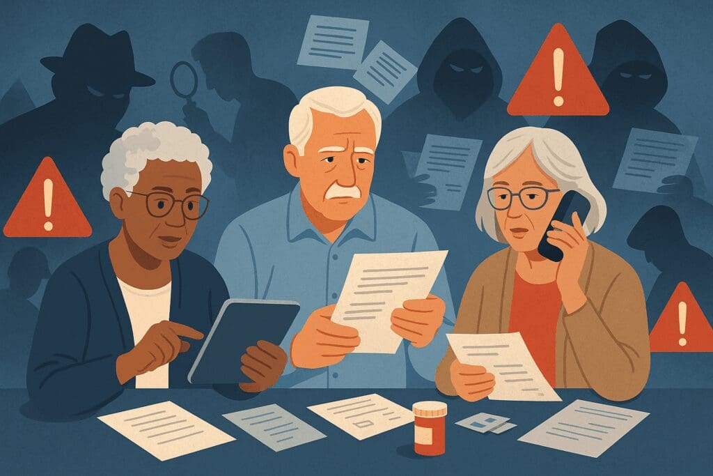 Diverse seniors reviewing documents and devices with warning signs and shadowy figures in background, symbolizing how to report fraud at a healthcare organization.