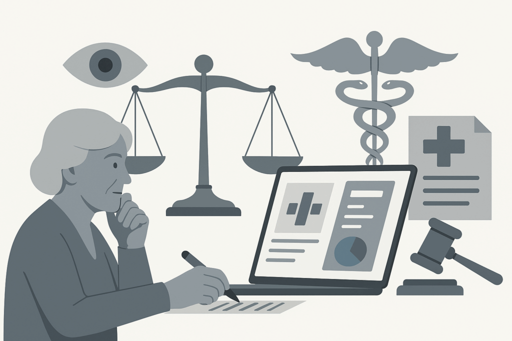 Illustration of justice scales, medical symbols, and oversight icons representing how to report fraud at a healthcare organization.