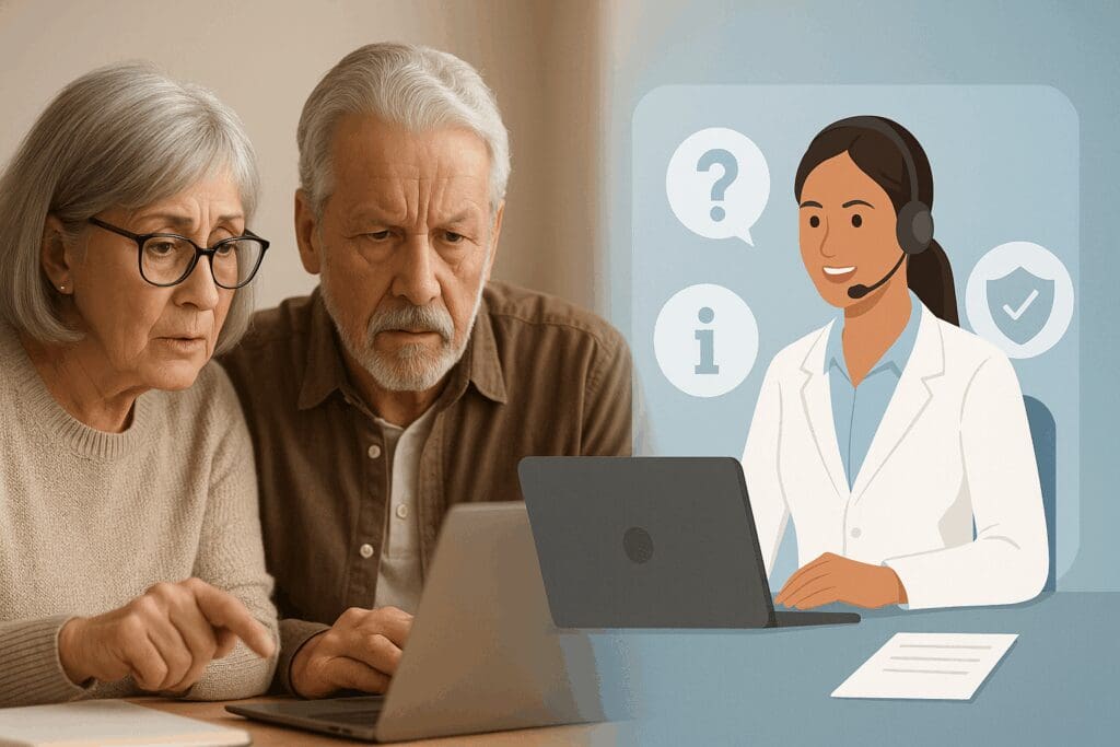 Senior couple receiving virtual guidance from a healthcare advisor with icons symbolizing how to report fraud at a healthcare organization.