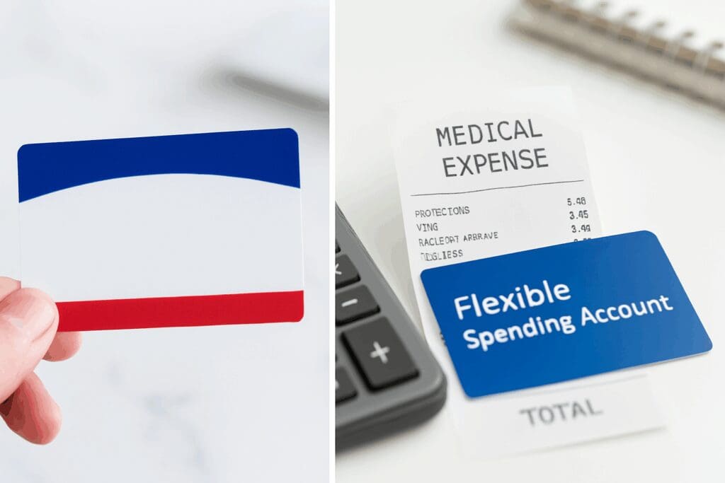 Conceptual split-screen showing flexible spending account and Medicare cards with medical receipt and calculator for senior health planning.