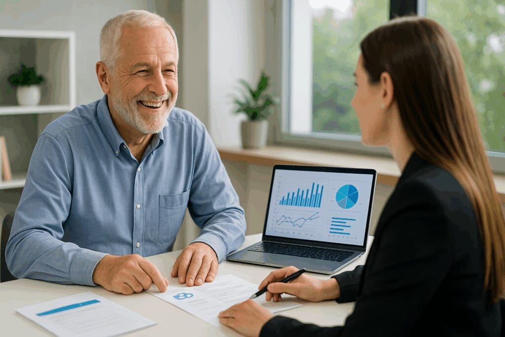 Senior man smiling while reviewing charts with a financial advisor, discussing flexible spending account and Medicare options.