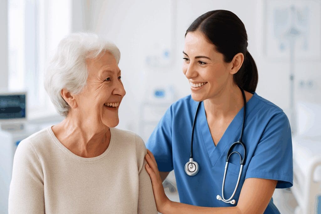Senior woman smiling as a nurse provides care in a modern clinic, reflecting benefits of a flexible spending account and Medicare.