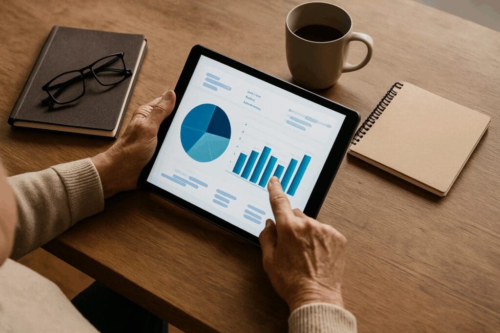 Senior reviewing financial charts on a tablet with notebooks and coffee nearby, illustrating flexible spending account and Medicare planning.