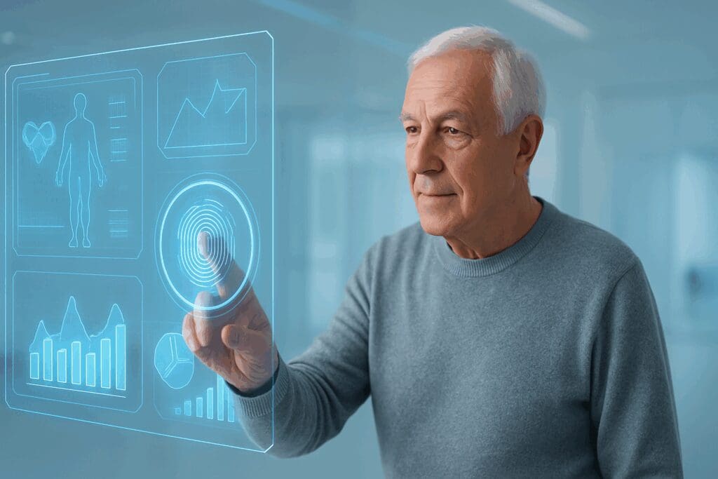 Senior interacting with a futuristic holographic display showing health and finance data, symbolizing flexible spending account and Medicare integration.