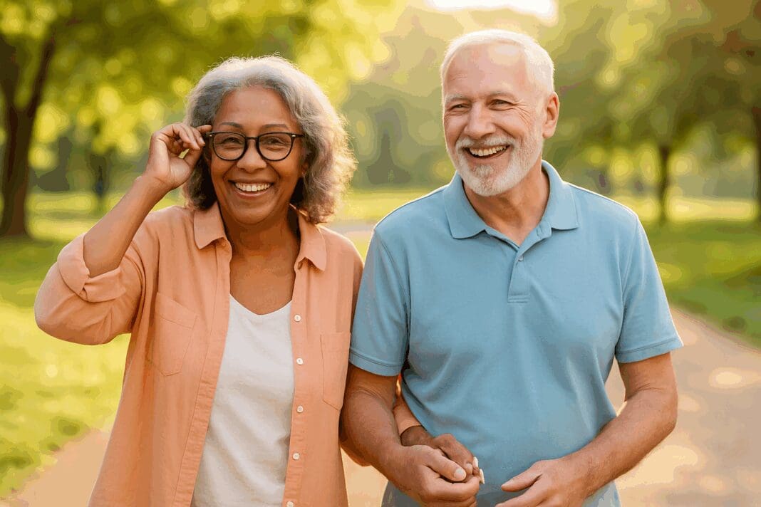 Happy senior couple walking outdoors in a sunny park, symbolizing the benefits of strong Dental and Eye Coverage for healthy, active living.