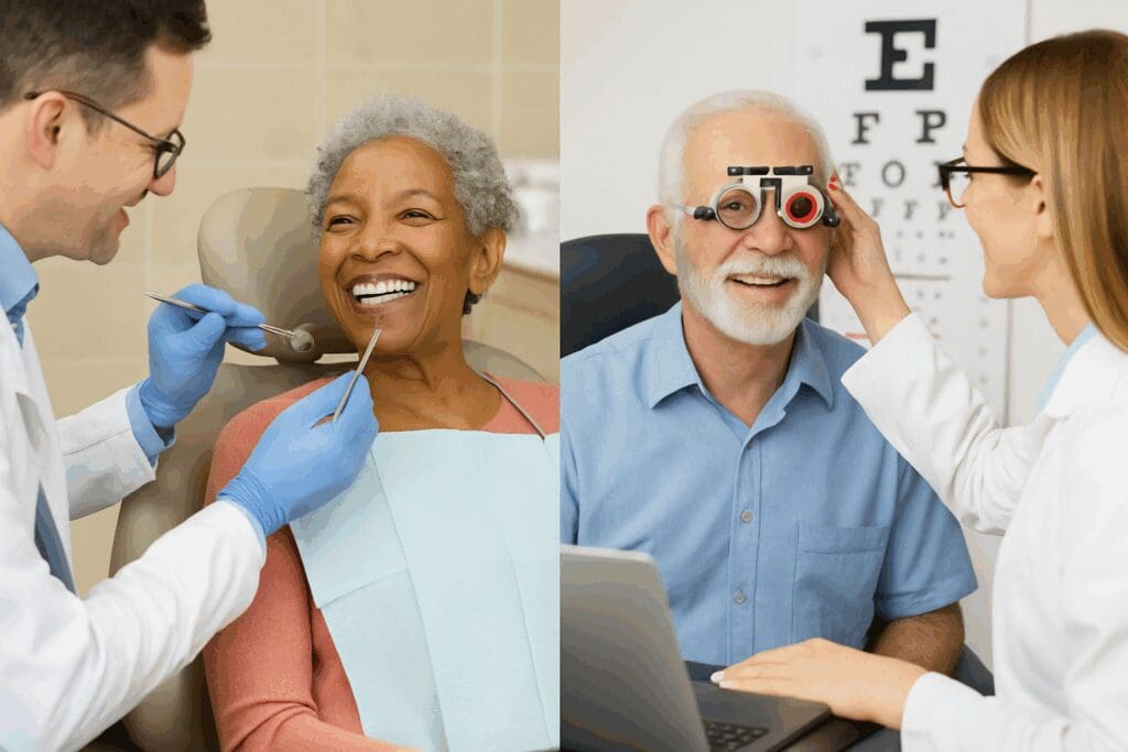 Senior woman smiling during a dental checkup and senior man receiving an eye exam, highlighting the importance of Dental and Eye Coverage.