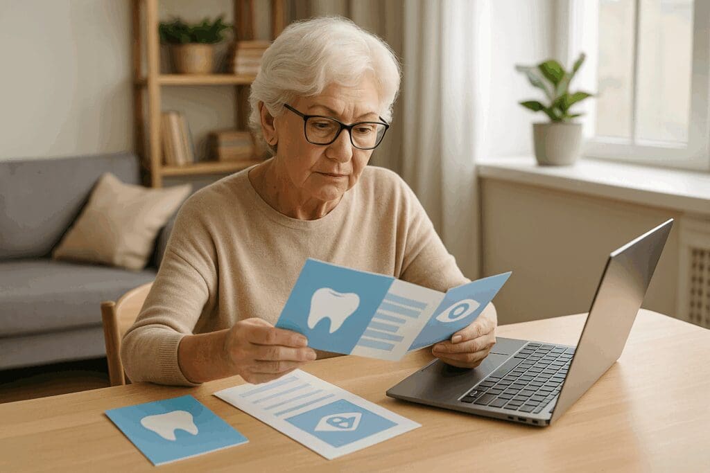 Senior woman comparing Dental and Eye Coverage options at a desk with brochures and a laptop in a cozy, sunlit home office.