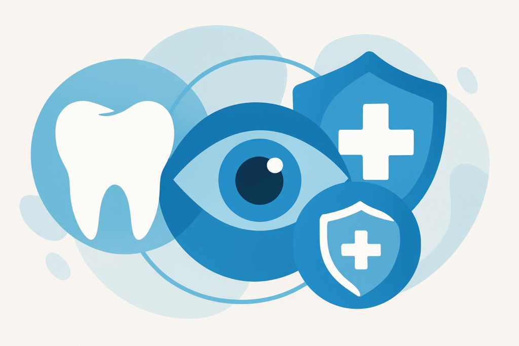 Modern illustration showing interconnected icons of a tooth, an eye, and medical shields representing integrated Dental and Eye Coverage.