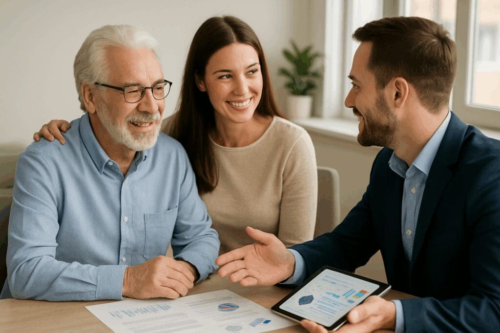 Senior man and adult daughter consulting with advisor to review insurance options related to Dental and Eye Coverage strategies.