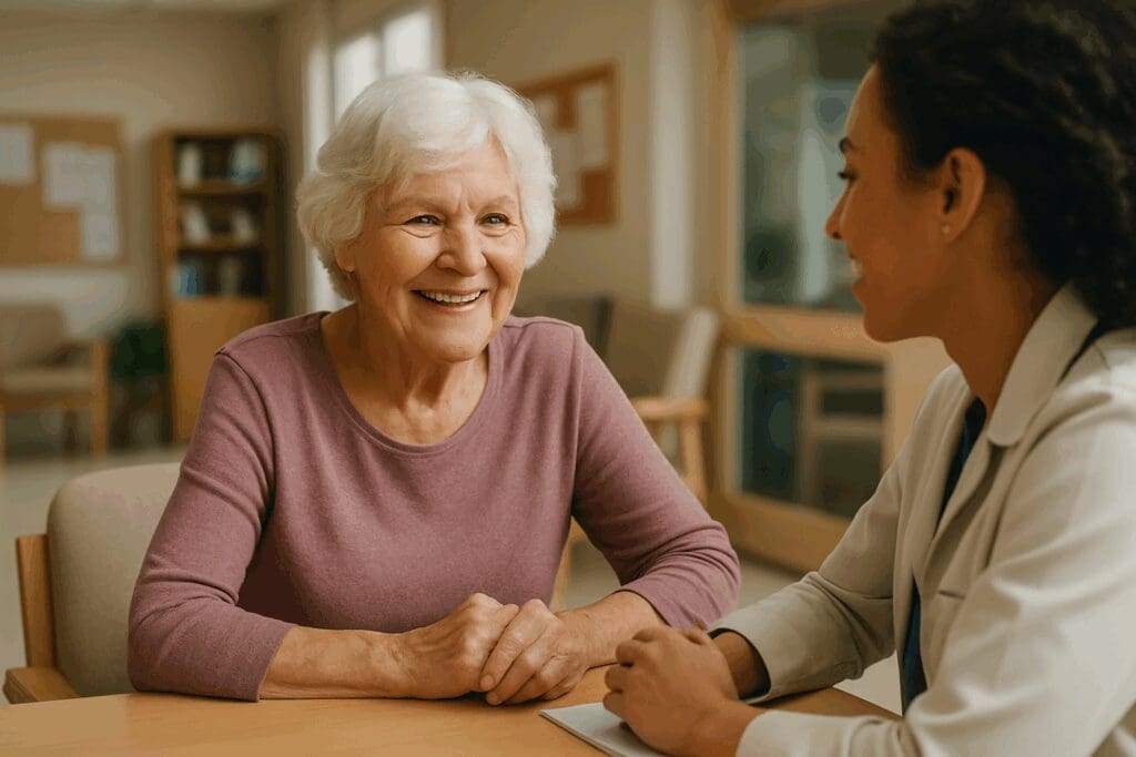 Senior woman smiling after receiving supportive guidance from a healthcare counselor about Dental and Eye Coverage options.