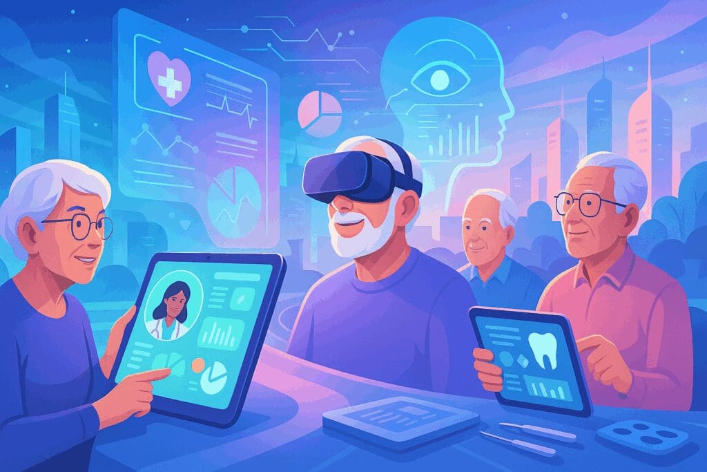 Seniors using futuristic digital tools like tablets and VR headsets to explore innovations in Dental and Eye Coverage in a tech-forward cityscape.