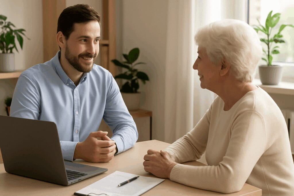 Senior woman discussing Medicare Enrollment options with a professional advisor in a warm, welcoming office setting.