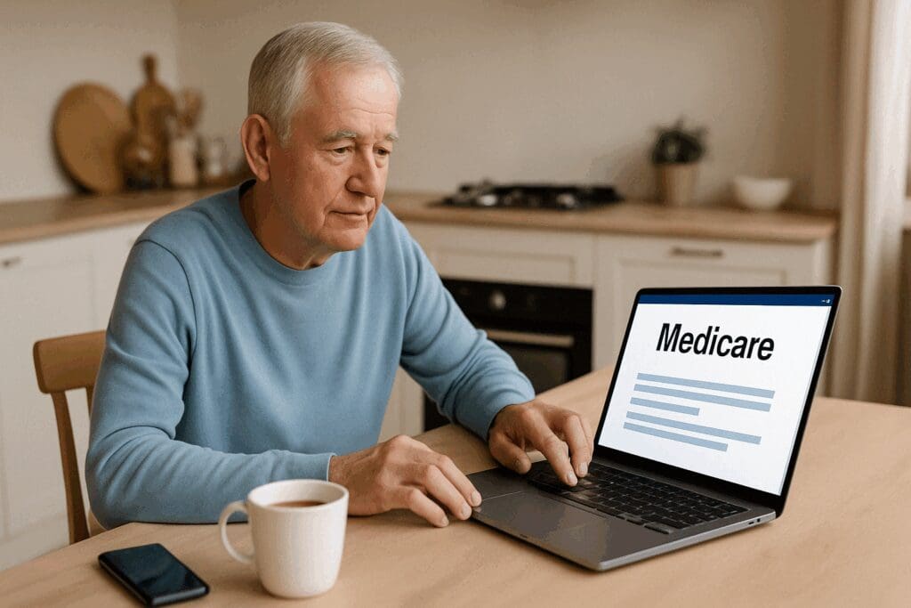 Senior man reviewing Medicare Enrollment options on a laptop at his kitchen table with coffee and smartphone nearby.