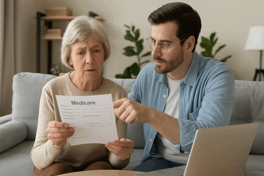 Senior woman reviewing Medicare Enrollment forms with help from a younger family member in a supportive living room setting.