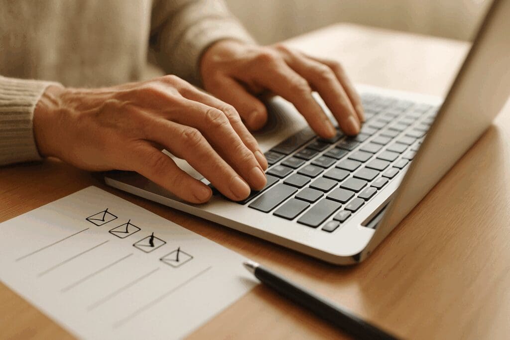 Senior hands typing on a laptop beside a checklist and pen, symbolizing efficient Medicare Enrollment process preparation.