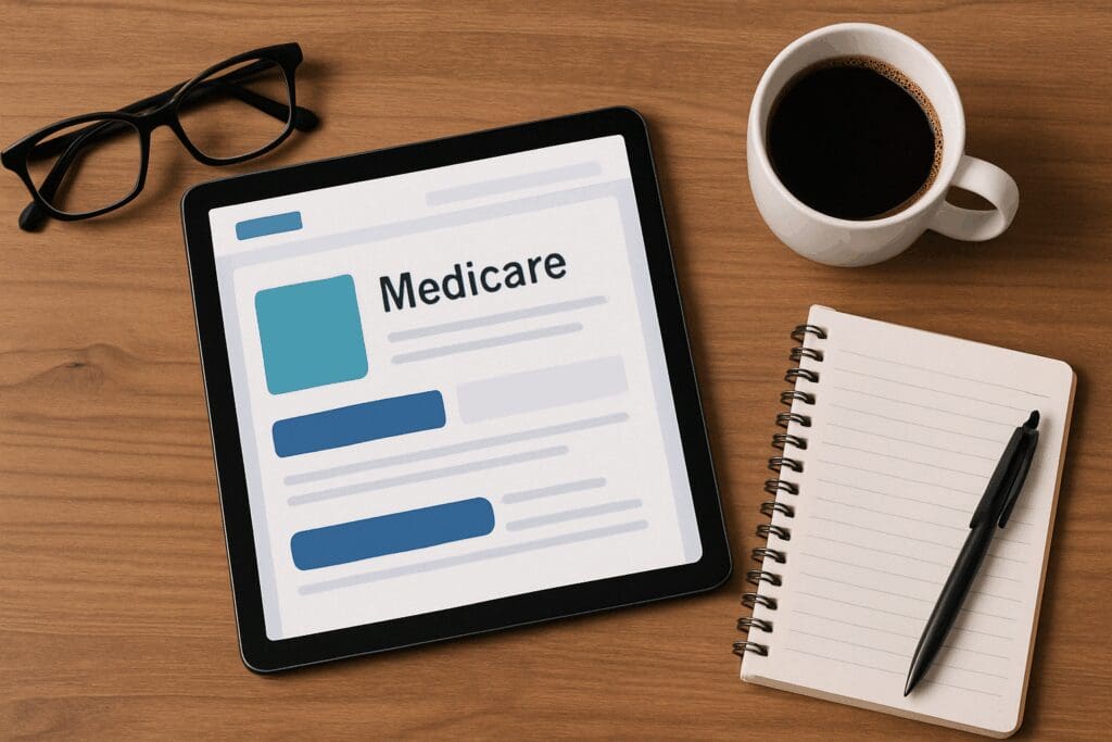 Tablet displaying a digital Medicare Enrollment interface on a wooden desk with glasses, notepad, pen, and coffee, suggesting organized planning.