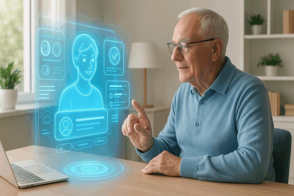 Senior man using a holographic interface for digital Medicare Enrollment in a bright, modern home office