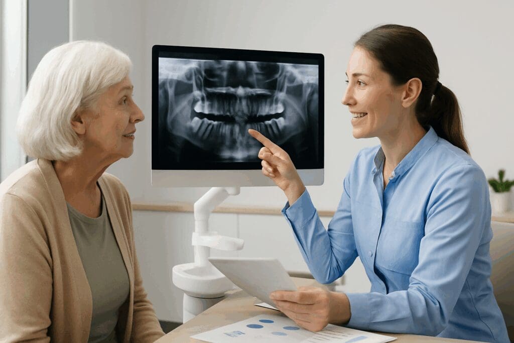 Senior woman consulting with a dentist reviewing dental X-rays on a screen, illustrating personalized dental coverage for dentures.