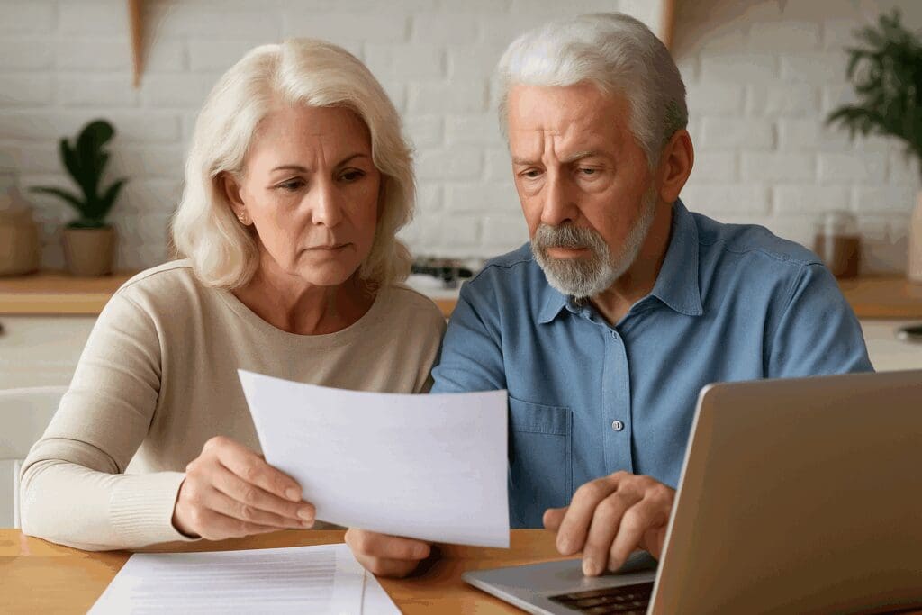 Senior couple reviewing insurance documents at kitchen table with laptop, planning dental coverage for dentures in a cozy home setting.