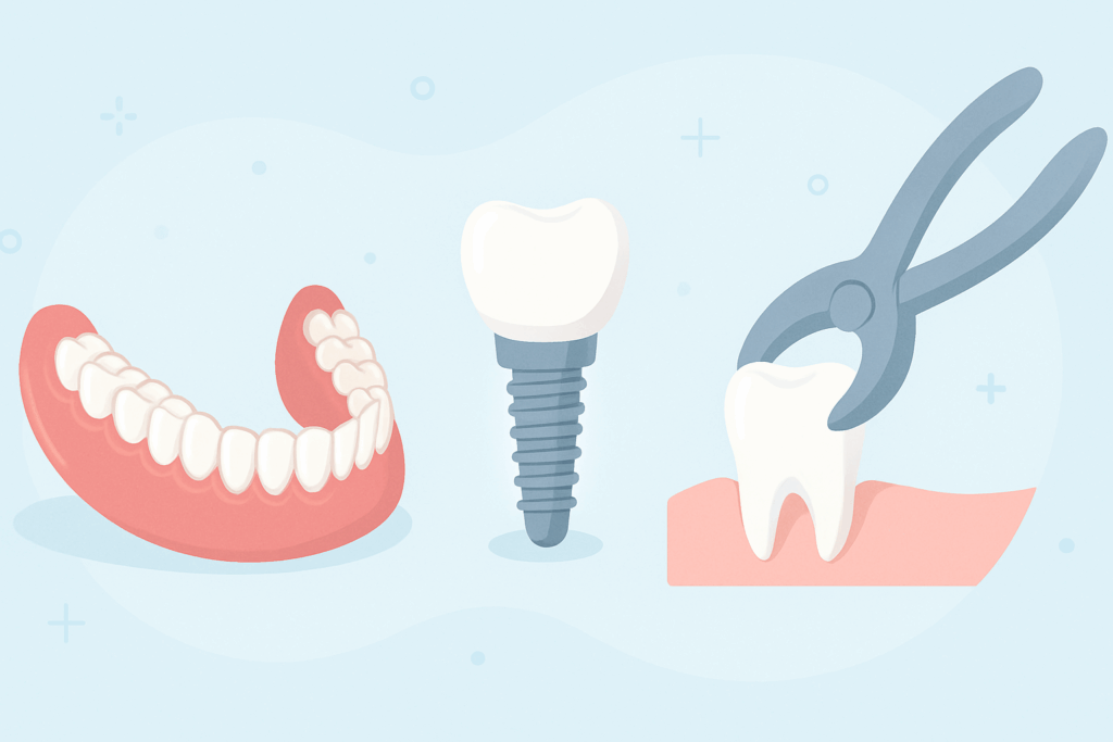 Illustration showing dentures, a dental implant, and a tooth extraction representing dental coverage for dentures and related procedures.