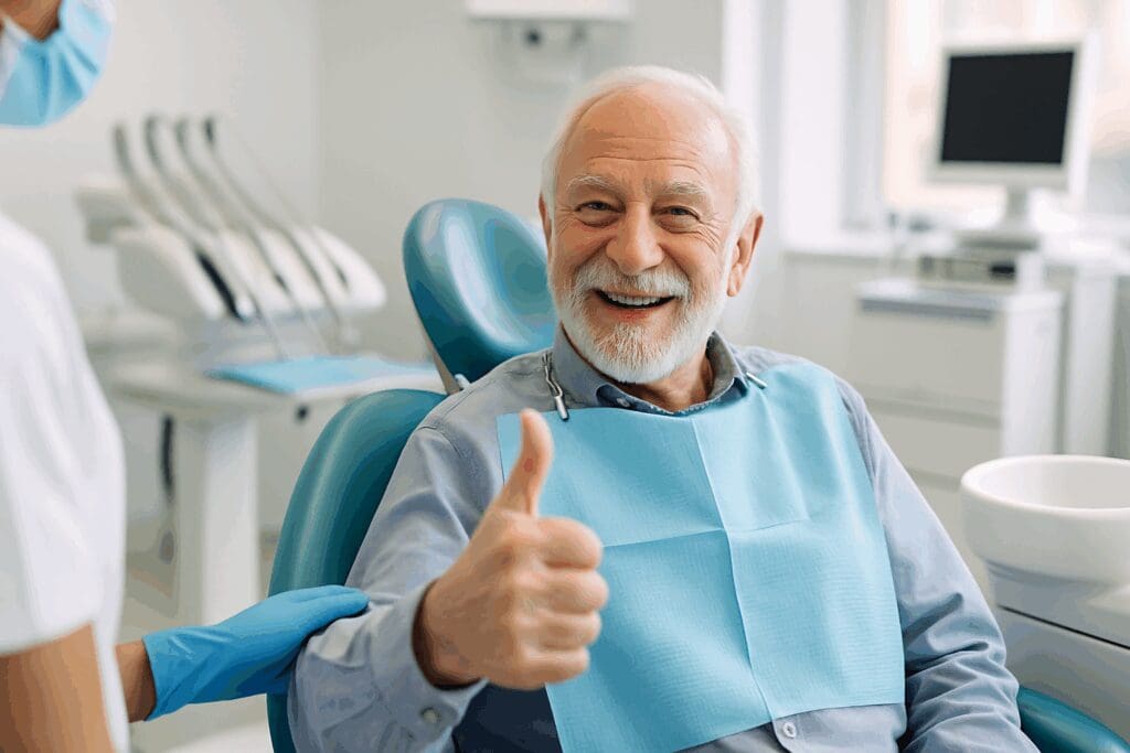 Senior man smiling and giving thumbs-up after dental treatment, reflecting satisfaction with dental coverage for dentures.