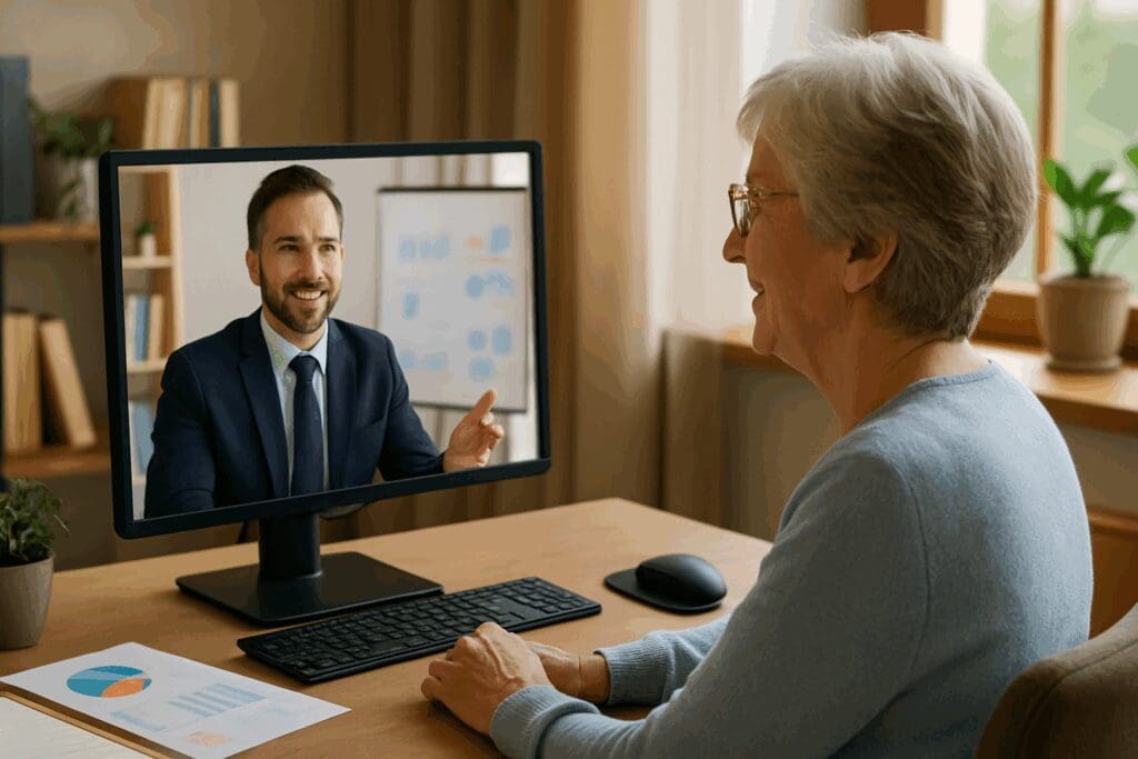 Senior woman having a video consultation with an insurance agent at home, discussing dental coverage for dentures options.