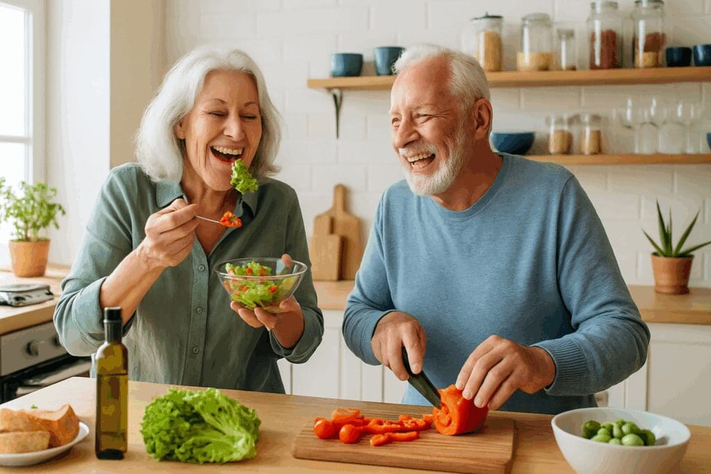 Happy senior couple cooking together in a bright kitchen, symbolizing good nutrition and wellness supported by dental coverage for dentures.