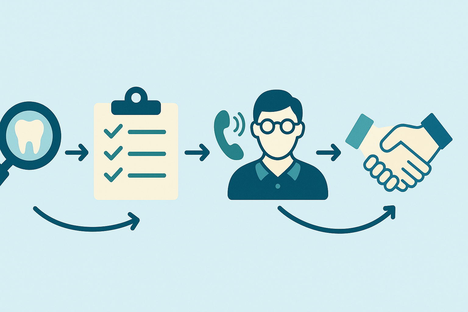 Step-by-step infographic showing enrollment journey for dental coverage for dentures, using icons for research, comparison, consultation, and signup.