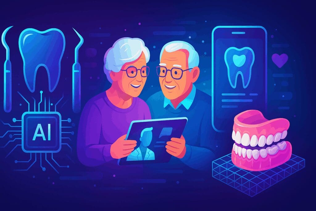 Futuristic illustration of seniors using tele-dentistry apps, AI dental tools, and 3D-printed dentures representing dental coverage for dentures.