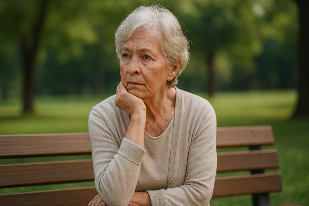 An elderly Caucasian woman sits alone on a park bench, gazing reflectively into the distance, with soft morning sunlight filtering through the trees. Her peaceful expression and the surrounding greenery convey a sense of calm and empowerment, visually reinforcing the theme of enhanced health coverage and choice for seniors through Medicare options.