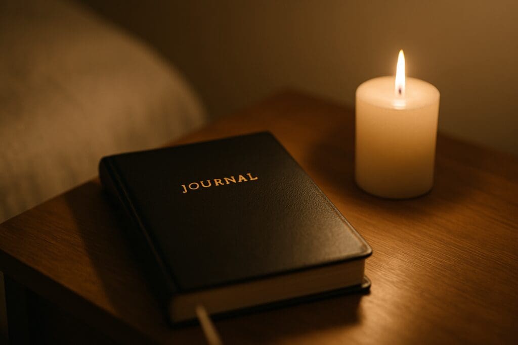 A black leather journal sits beside a softly glowing candle on a wooden nightstand, casting warm ambient light across a blurred bedroom background. The scene symbolizes personal reflection and planning, underscoring the importance of informed healthcare choices for seniors exploring Medicare benefits.
