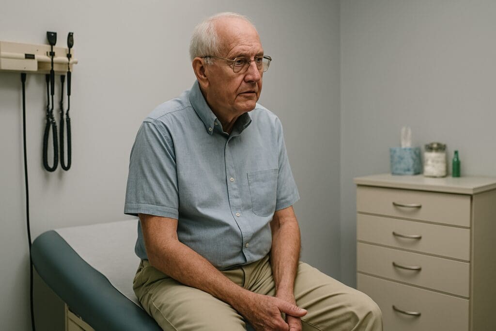 A senior man sits quietly on the edge of a medical exam table in a softly lit clinical room, surrounded by neutral gray walls and standard healthcare equipment. His introspective posture and the subdued atmosphere reflect the importance of making empowered Medicare choices in a supportive healthcare setting.